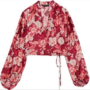 Zara floral cropped wrap blouse with tie, button front balloon sleeve